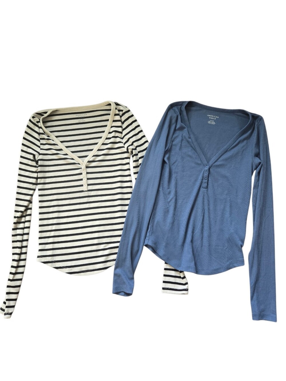 2 American Eagle Ribbed Henley Long Sleeve Tees